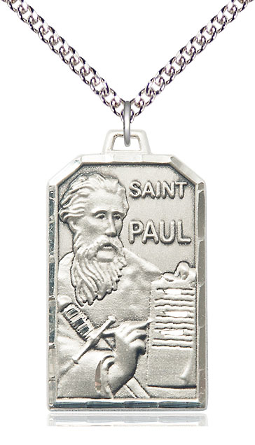 Sterling Silver Saint Paul the Apostle Pendant on a 24 inch Sterling Silver Heavy Curb chain