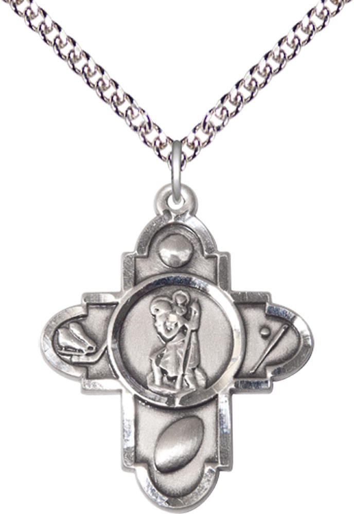 Sterling Silver Saint Christopher 5-Way Pendant on a 24 inch Sterling Silver Heavy Curb chain