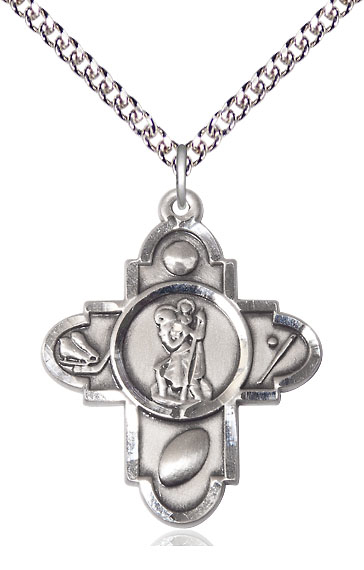 Sterling Silver Saint Christopher 5-Way Pendant on a 24 inch Sterling Silver Heavy Curb chain