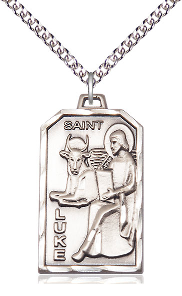 Sterling Silver Saint Luke the Apostle Pendant on a 24 inch Sterling Silver Heavy Curb chain