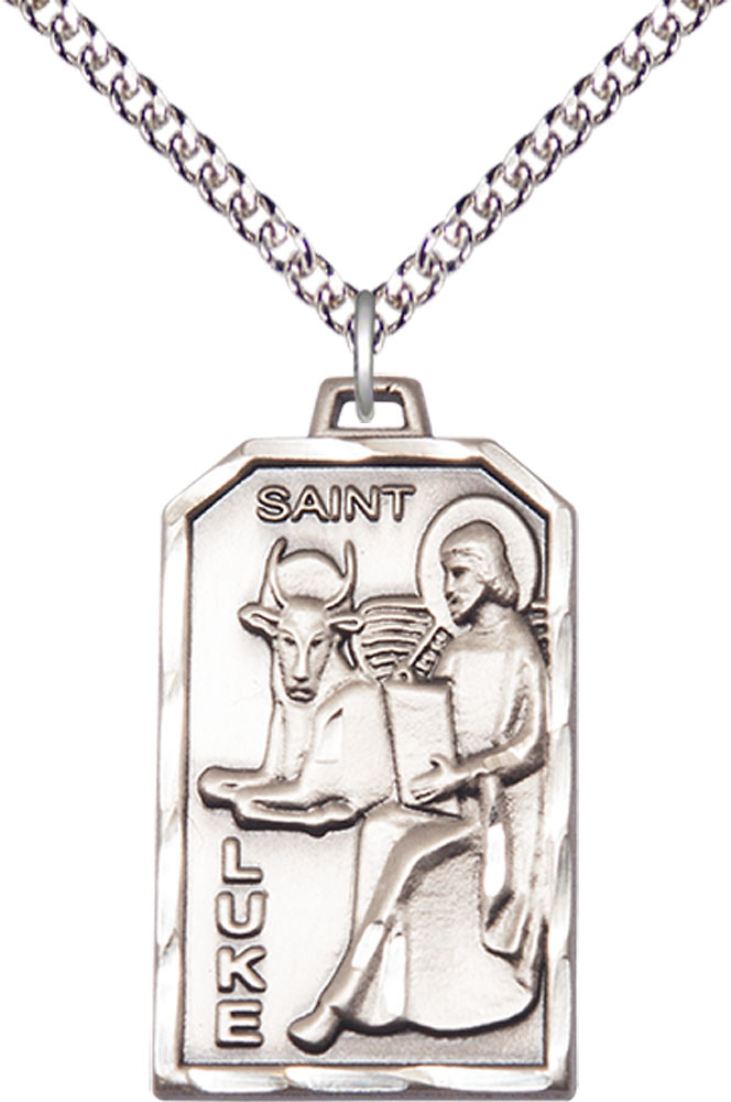 Sterling Silver Saint Luke the Apostle Pendant on a 24 inch Sterling Silver Heavy Curb chain