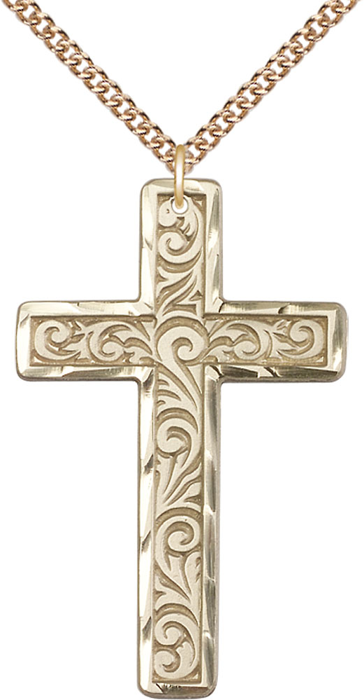 14kt Gold Filled Knurled Cross Pendant on a 24 inch Gold Filled Heavy Curb chain