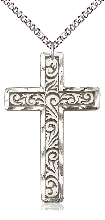 Sterling Silver Knurled Cross Pendant on a 24 inch Sterling Silver Heavy Curb chain