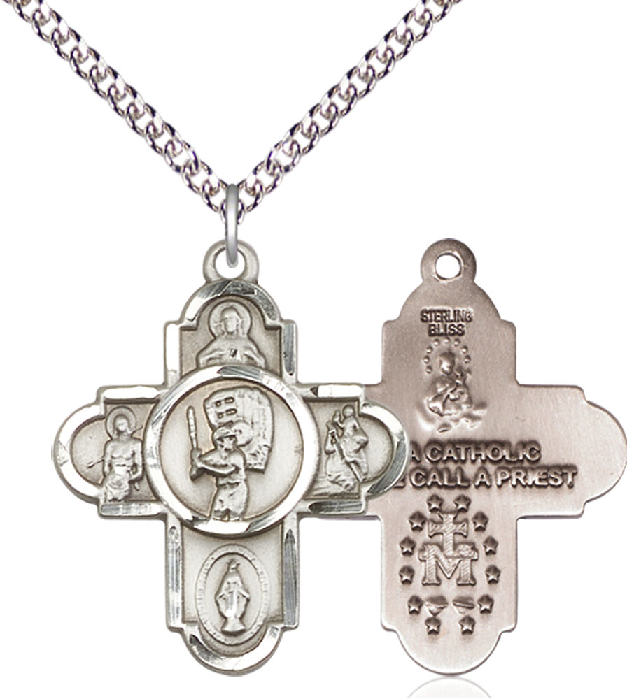 Sterling Silver 5-Way Baseball Pendant on a 24 inch Sterling Silver Heavy Curb chain