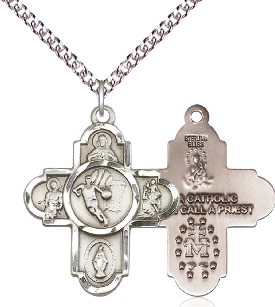 Sterling Silver 5-Way Basketball Pendant on a 24 inch Sterling Silver Heavy Curb chain