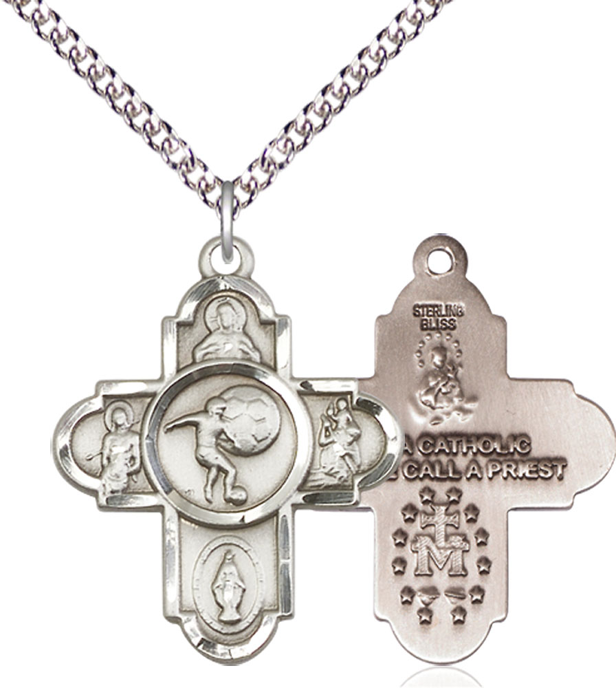 Sterling Silver 5-Way Soccer Pendant on a 24 inch Sterling Silver Heavy Curb chain