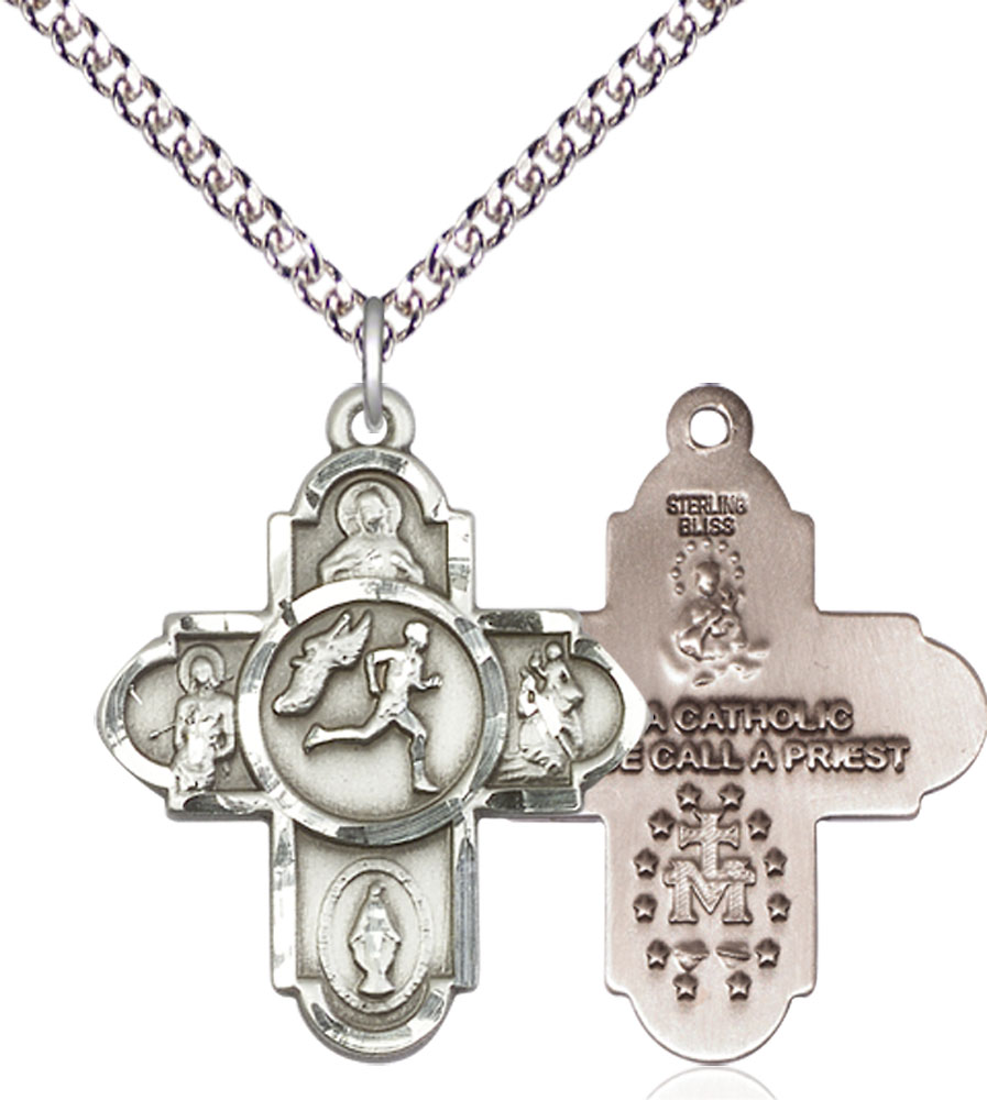 Sterling Silver 5-Way Track&amp;Field Pendant on a 24 inch Sterling Silver Heavy Curb chain
