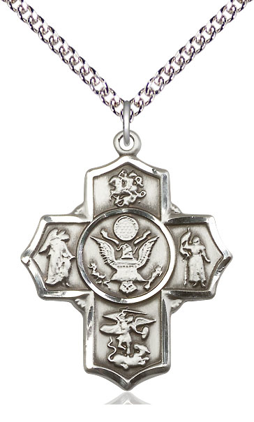 Sterling Silver 5-Way Army Pendant on a 24 inch Sterling Silver Heavy Curb chain