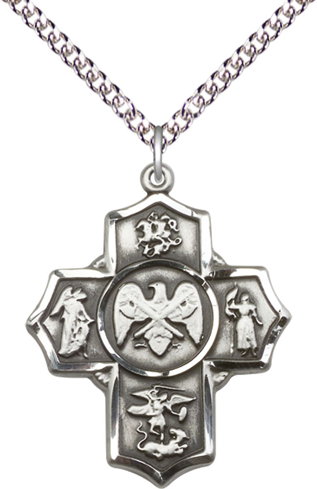 Sterling Silver 5-Way National Guard Pendant on a 24 inch Sterling Silver Heavy Curb chain