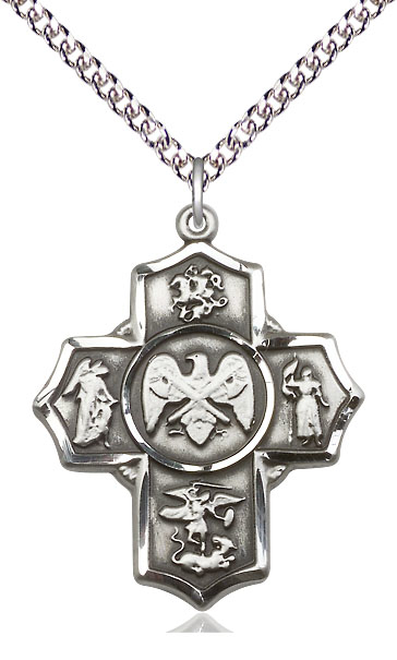Sterling Silver 5-Way National Guard Pendant on a 24 inch Sterling Silver Heavy Curb chain