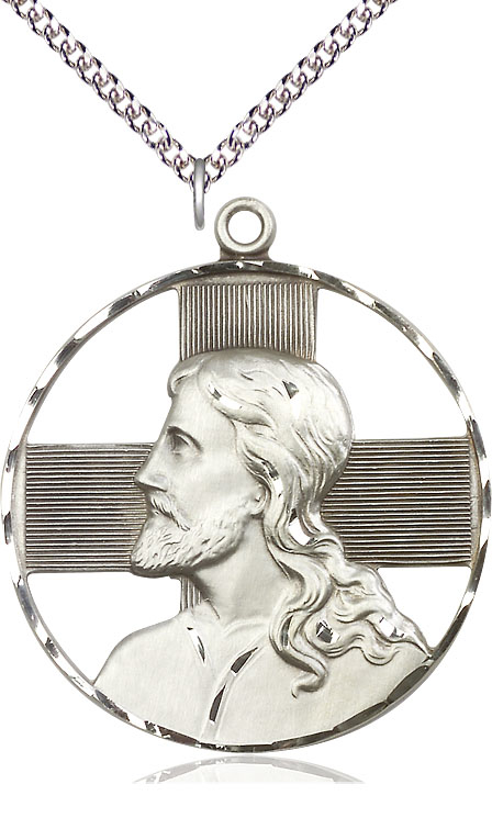 Sterling Silver Christ Profile Pendant on a 24 inch Sterling Silver Heavy Curb chain