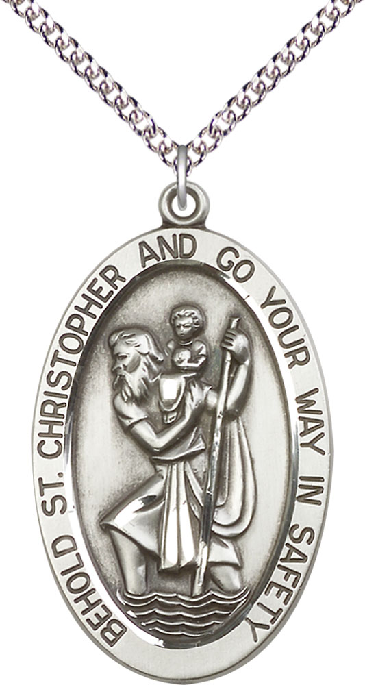 Sterling Silver Saint Christopher Pendant on a 24 inch Sterling Silver Heavy Curb chain