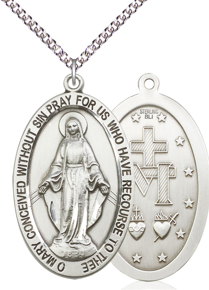 Sterling Silver Miraculous Pendant on a 24 inch Sterling Silver Heavy Curb chain