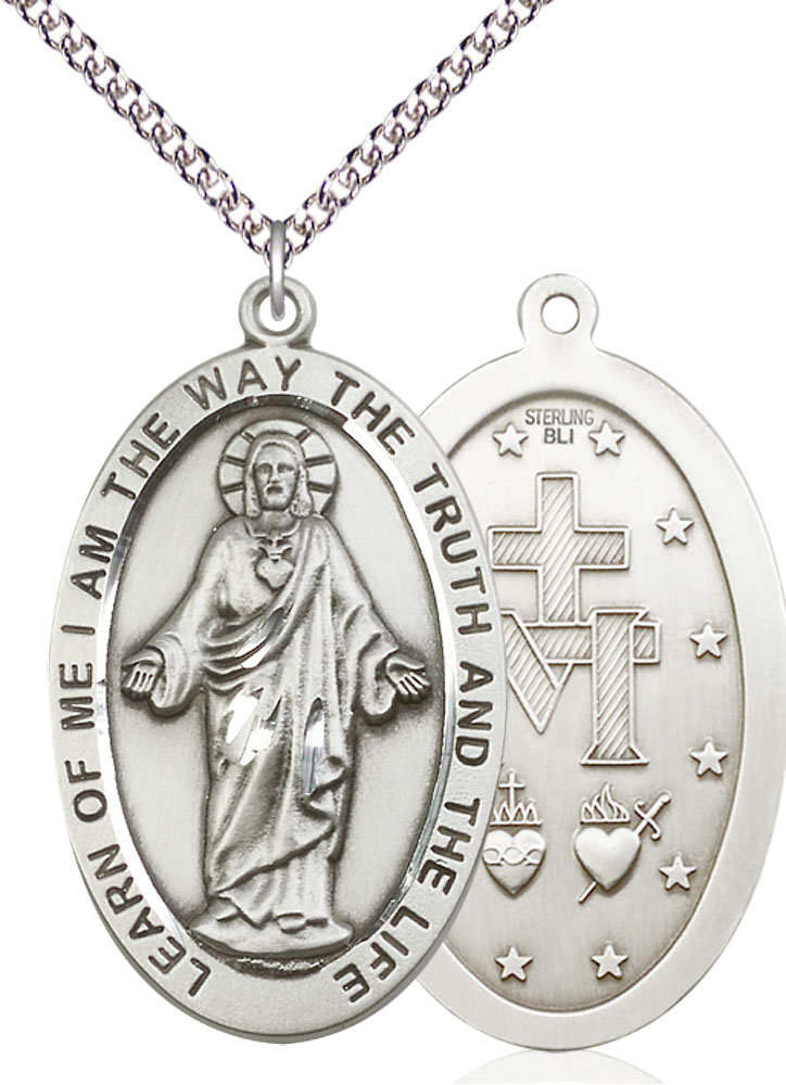 Sterling Silver Scapular Pendant on a 24 inch Sterling Silver Heavy Curb chain