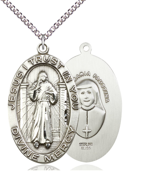 Sterling Silver Divine Mercy Pendant on a 24 inch Sterling Silver Heavy Curb chain