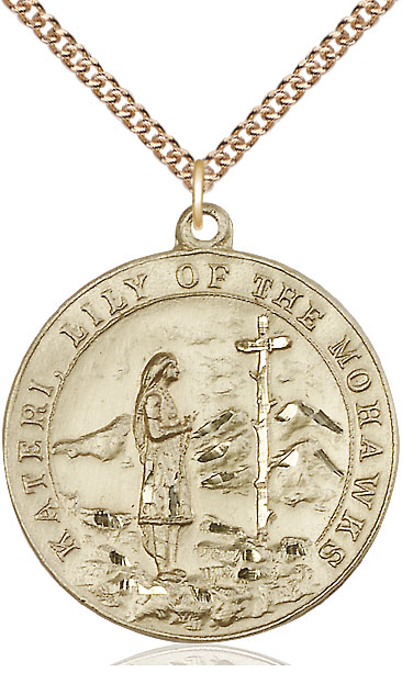 14kt Gold Filled Saint Kateri Pendant on a 24 inch Gold Filled Heavy Curb chain