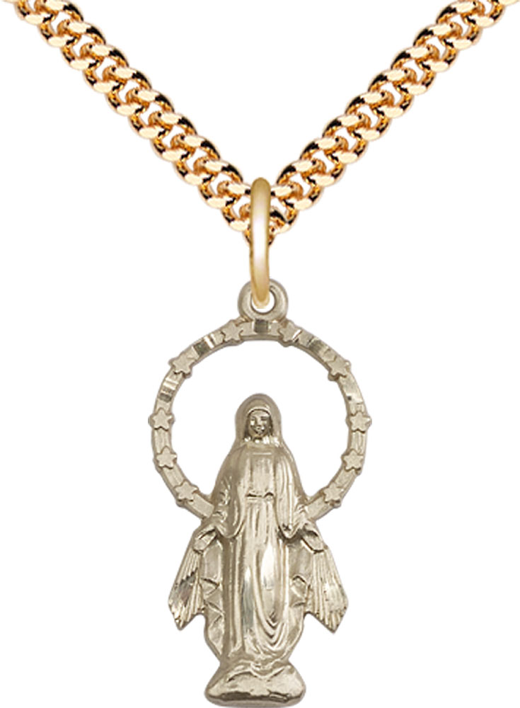 14kt Gold Filled Miraculous Pendant on a 24 inch Gold Plate Heavy Curb chain
