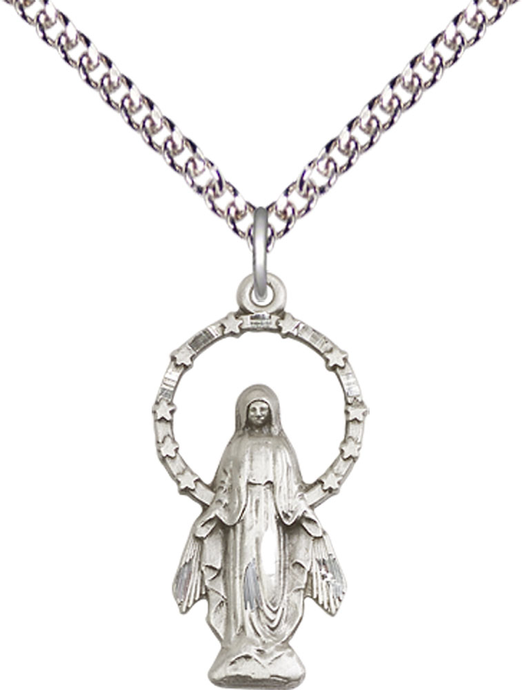 Sterling Silver Miraculous Pendant on a 24 inch Sterling Silver Heavy Curb chain