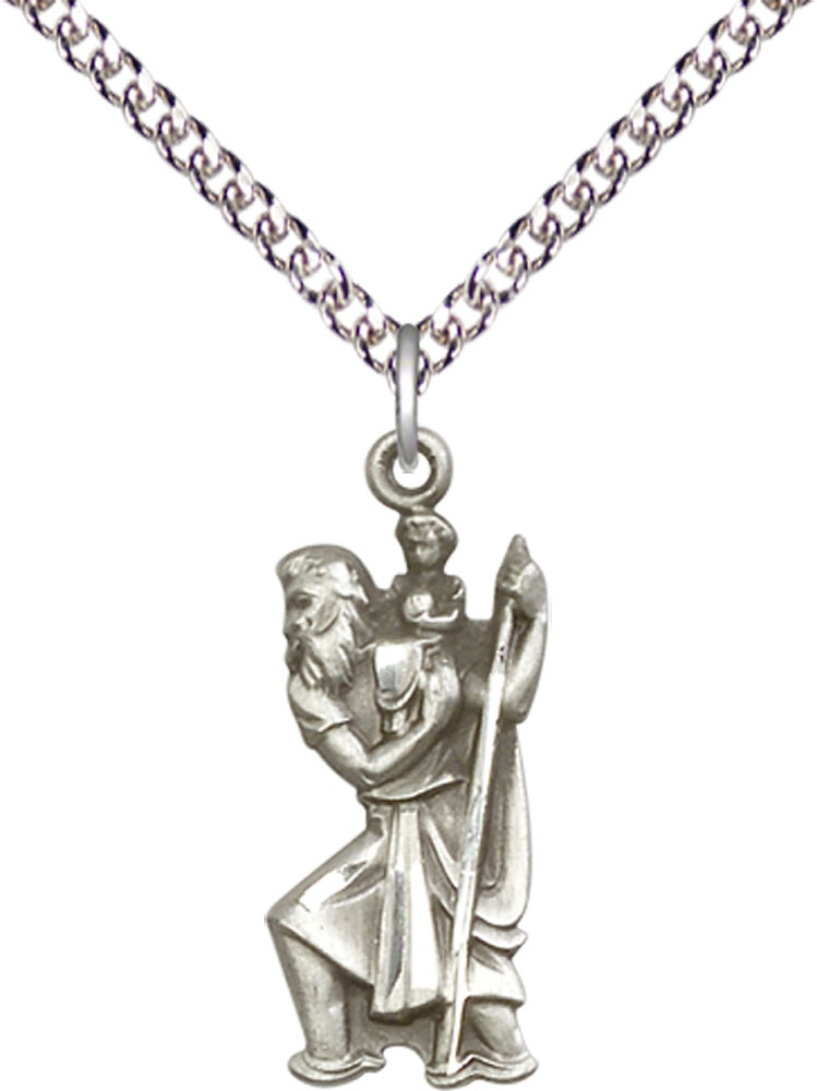 Sterling Silver Saint Christopher Pendant on a 24 inch Sterling Silver Heavy Curb chain