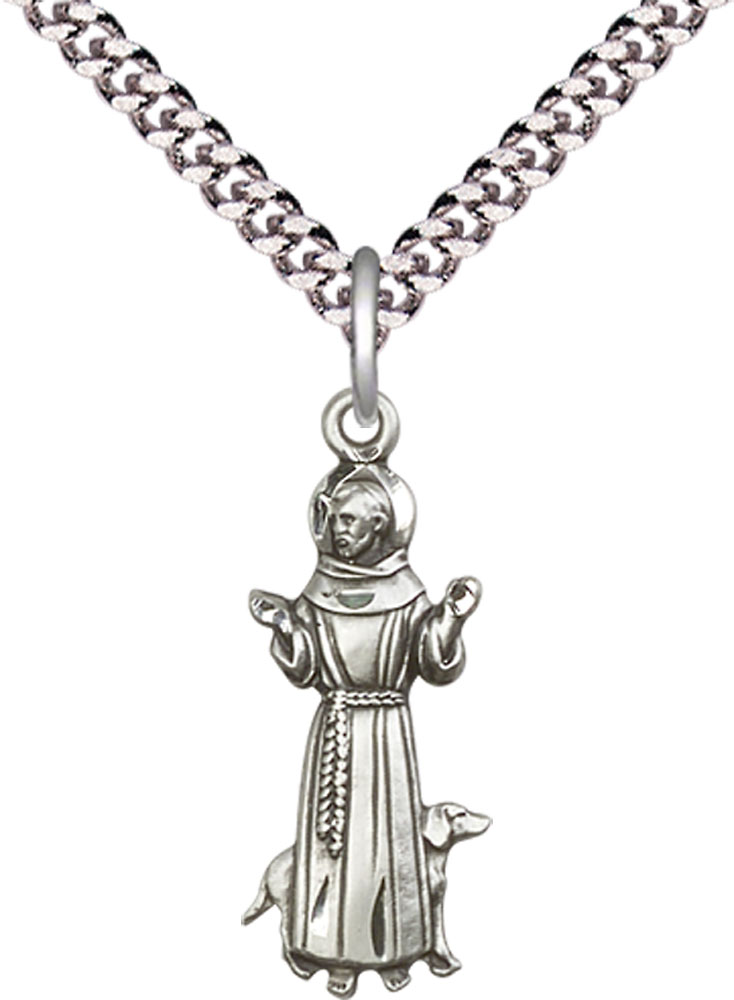 Sterling Silver Saint Francis Pendant on a 24 inch Light Rhodium Heavy Curb chain