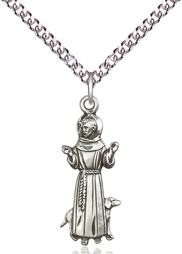 Sterling Silver Saint Francis Pendant on a 24 inch Sterling Silver Heavy Curb chain