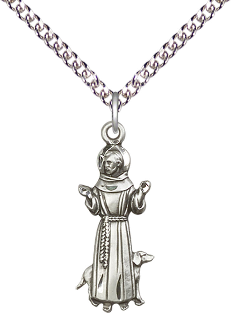 Sterling Silver Saint Francis Pendant on a 24 inch Sterling Silver Heavy Curb chain
