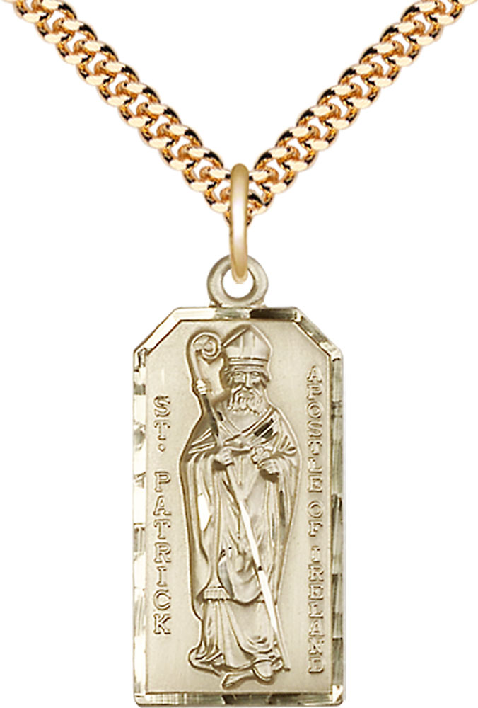 14kt Gold Filled Saint Patrick Pendant on a 24 inch Gold Plate Heavy Curb chain