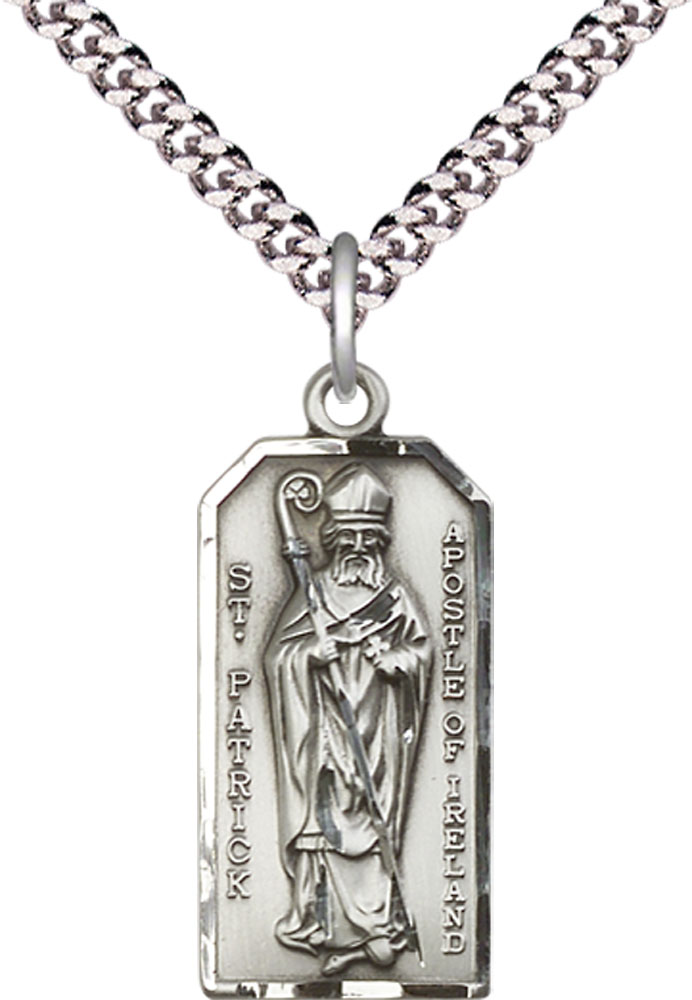 Sterling Silver Saint Patrick Pendant on a 24 inch Light Rhodium Heavy Curb chain