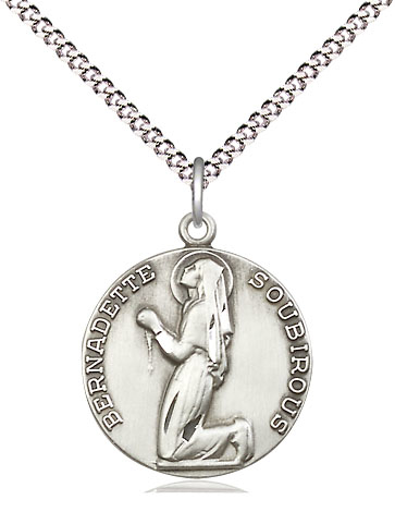 Sterling Silver Saint Bernadette Pendant on a 18 inch Light Rhodium Light Curb chain
