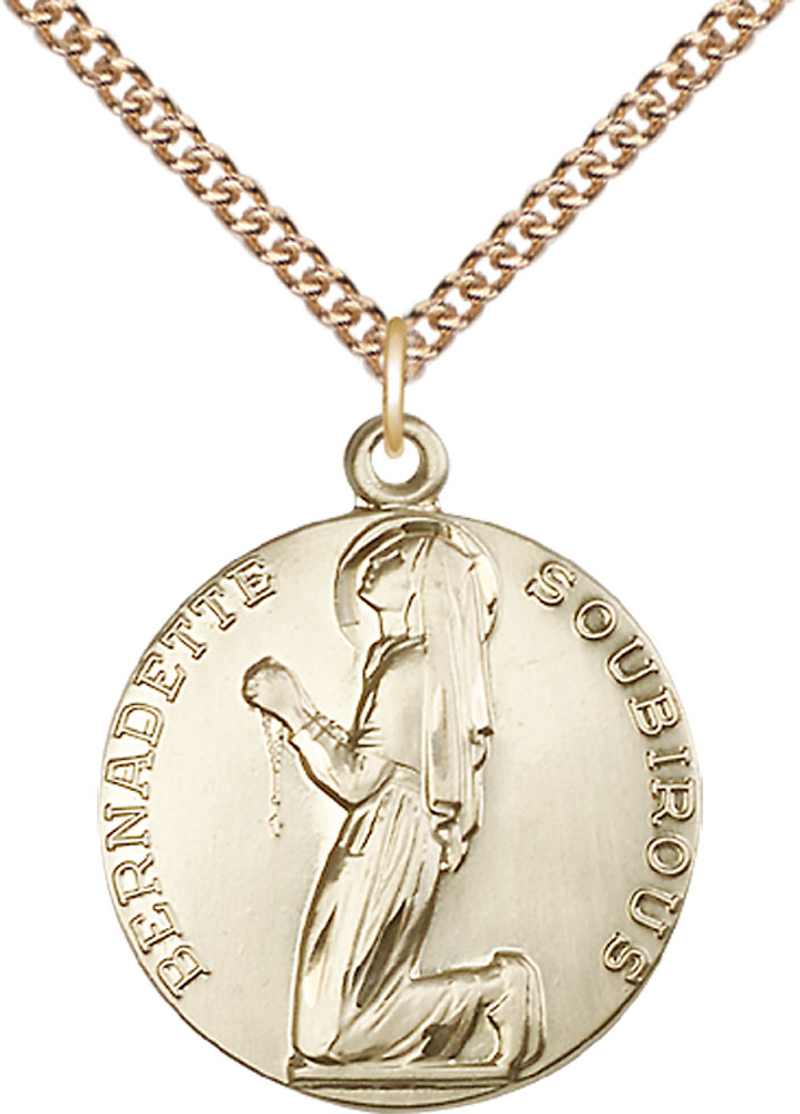 14kt Gold Filled Saint Bernadette Pendant on a 24 inch Gold Filled Heavy Curb chain