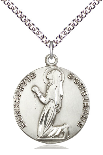 Sterling Silver Saint Bernadette Pendant on a 24 inch Sterling Silver Heavy Curb chain