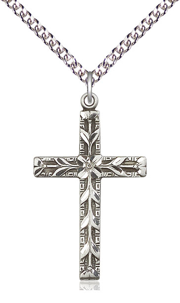 Sterling Silver Cross Pendant on a 24 inch Sterling Silver Heavy Curb chain