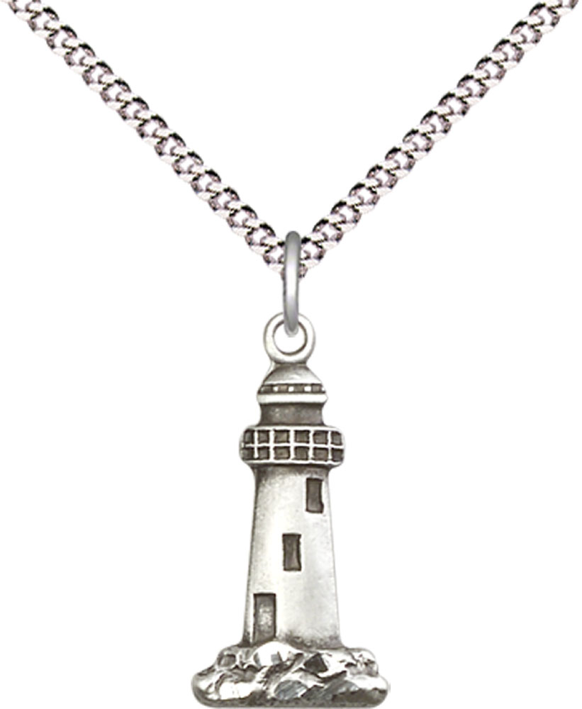 Sterling Silver Lighthouse Pendant on a 18 inch Light Rhodium Light Curb chain