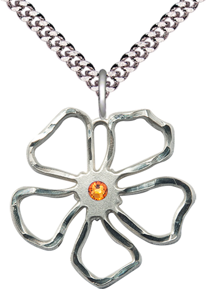 Sterling Silver Five Petal Flower Pendant with a 3mm Topaz Swarovski stone on a 24 inch Light Rhodium Heavy Curb chain