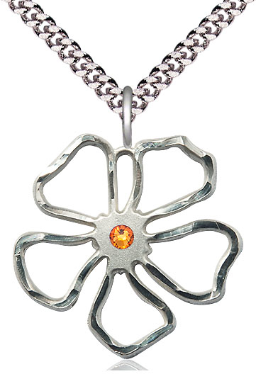 Sterling Silver Five Petal Flower Pendant with a 3mm Topaz Swarovski stone on a 24 inch Light Rhodium Heavy Curb chain