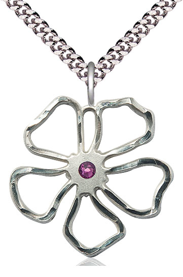 Sterling Silver Five Petal Flower Pendant with a 3mm Amethyst Swarovski stone on a 24 inch Light Rhodium Heavy Curb chain