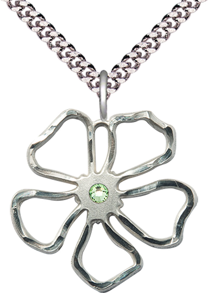 Sterling Silver Five Petal Flower Pendant with a 3mm Peridot Swarovski stone on a 24 inch Light Rhodium Heavy Curb chain
