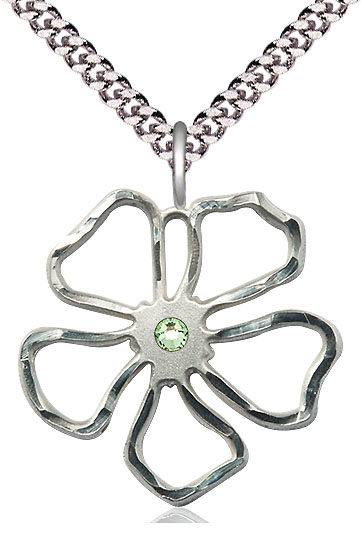Sterling Silver Five Petal Flower Pendant with a 3mm Peridot Swarovski stone on a 24 inch Light Rhodium Heavy Curb chain