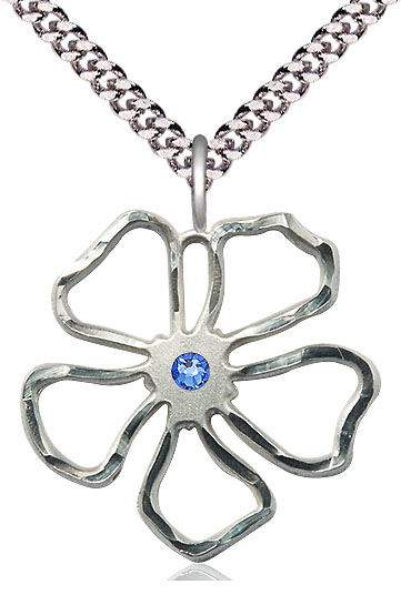 Sterling Silver Five Petal Flower Pendant with a 3mm Sapphire Swarovski stone on a 24 inch Light Rhodium Heavy Curb chain