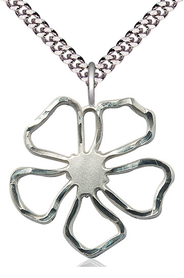 Sterling Silver Five Petal Flower Pendant on a 24 inch Light Rhodium Heavy Curb chain
