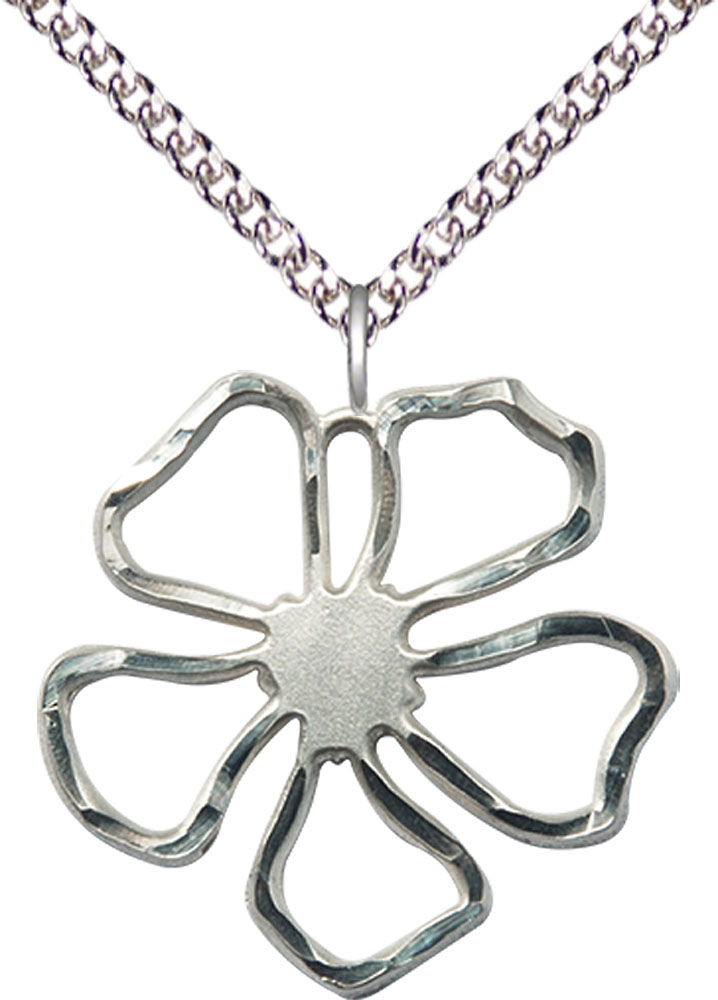 Sterling Silver Five Petal Flower Pendant on a 24 inch Sterling Silver Heavy Curb chain
