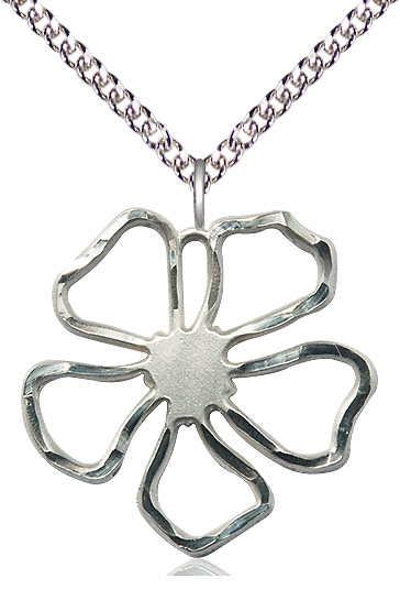 Sterling Silver Five Petal Flower Pendant on a 24 inch Sterling Silver Heavy Curb chain
