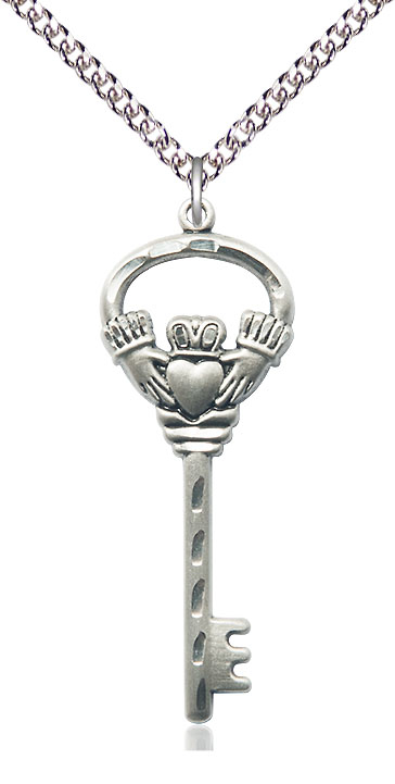 Sterling Silver Key w/Claddagh Pendant on a 24 inch Sterling Silver Heavy Curb chain