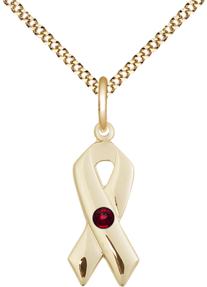 14kt Gold Filled Cancer Awareness Pendant with a 3mm Garnet Swarovski stone on a 18 inch Gold Plate Light Curb chain