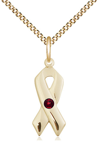 14kt Gold Filled Cancer Awareness Pendant with a 3mm Garnet Swarovski stone on a 18 inch Gold Plate Light Curb chain