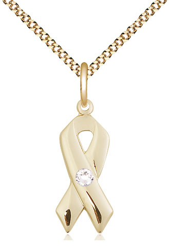 14kt Gold Filled Cancer Awareness Pendant with a 3mm Crystal Swarovski stone on a 18 inch Gold Plate Light Curb chain