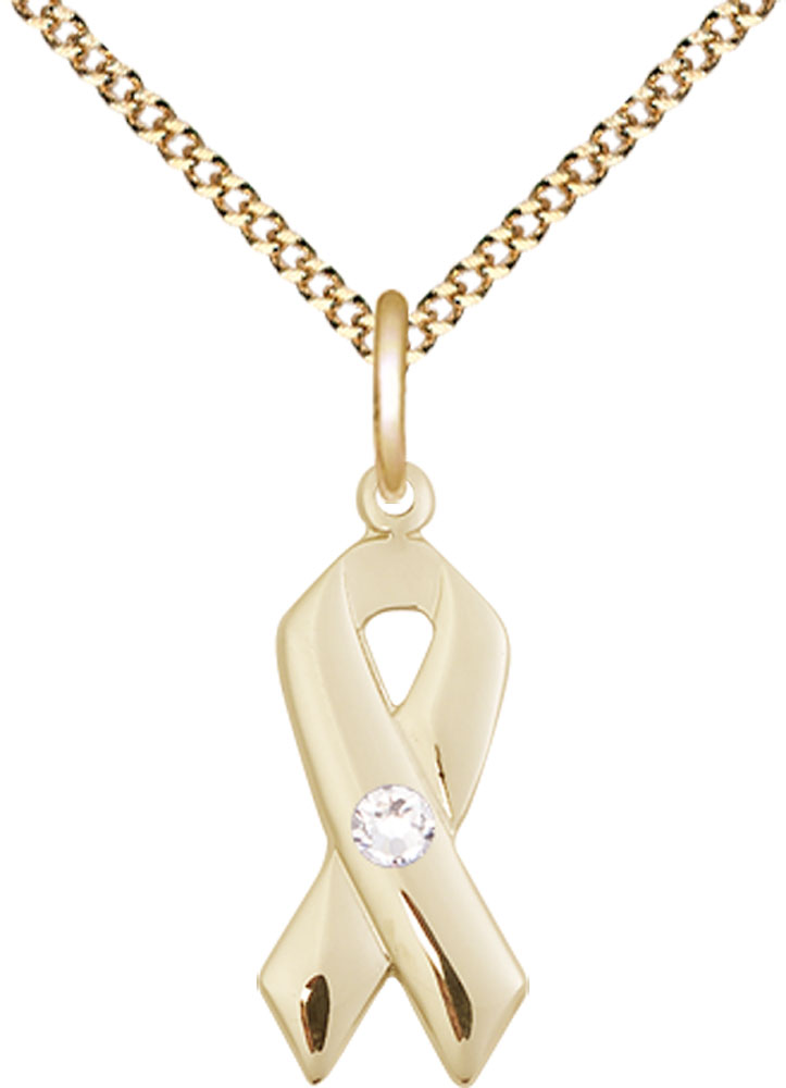 14kt Gold Filled Cancer Awareness Pendant with a 3mm Crystal Swarovski stone on a 18 inch Gold Plate Light Curb chain