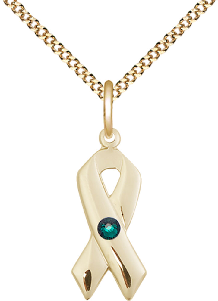 14kt Gold Filled Cancer Awareness Pendant with a 3mm Emerald Swarovski stone on a 18 inch Gold Plate Light Curb chain