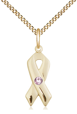 14kt Gold Filled Cancer Awareness Pendant with a 3mm Light Amethyst Swarovski stone on a 18 inch Gold Plate Light Curb chain