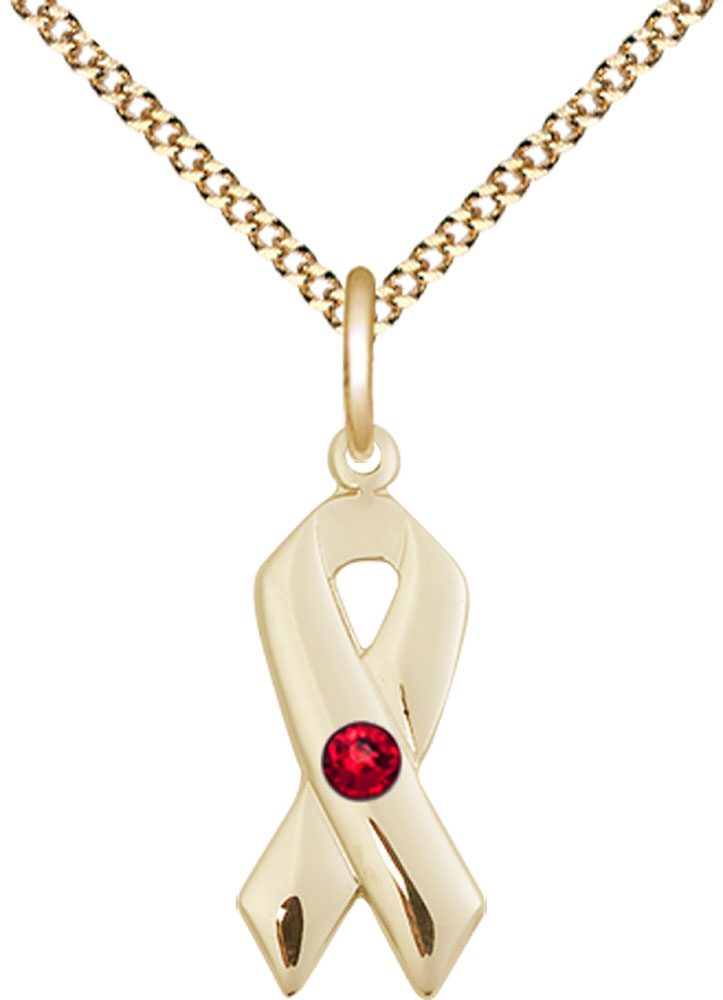 14kt Gold Filled Cancer Awareness Pendant with a 3mm Ruby Swarovski stone on a 18 inch Gold Plate Light Curb chain
